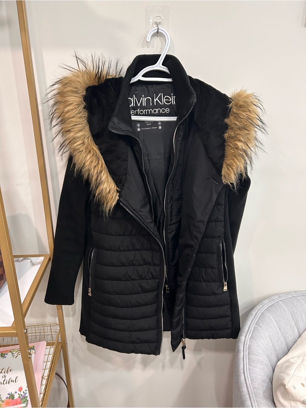 Calvin Klein Black Quilted Puffer Coat with Faux Fur Hood Trim